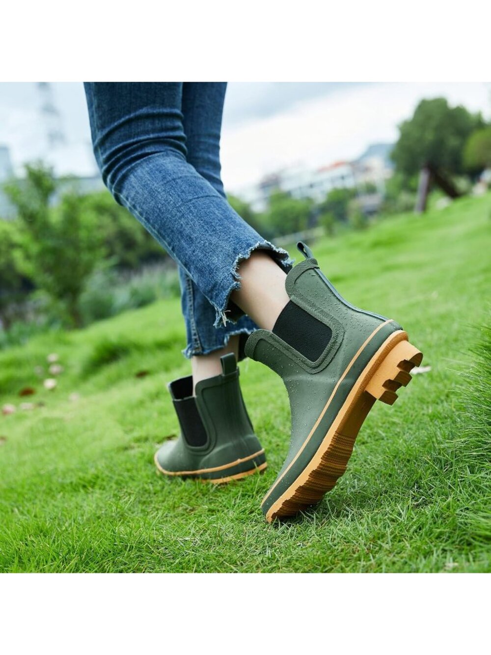 Women's Green Light Ankle Garden Anti-Slipping Floral Printed Stylish Rain Boots - Picture 2 of 6